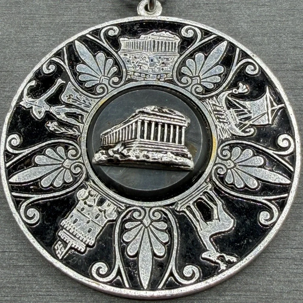 Greek Revival Parthenon Medallion Necklace Silver Tone Black Enamel Statement